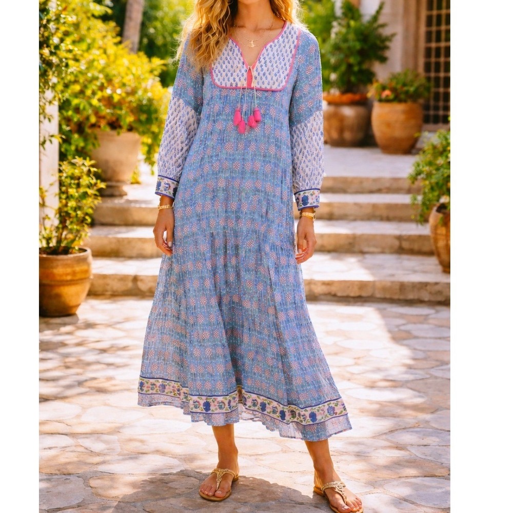 SZ Blockprints Women's Jodhpur Dress Blue Pink Floral Tassel‎ Maxi- Size S